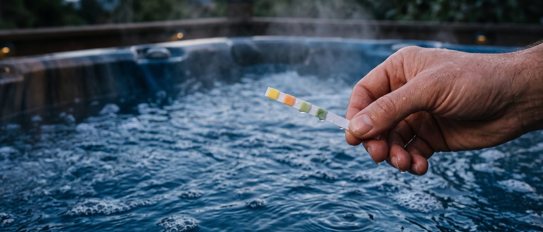 Hand holding a hot tub test strip over the water to read the pads