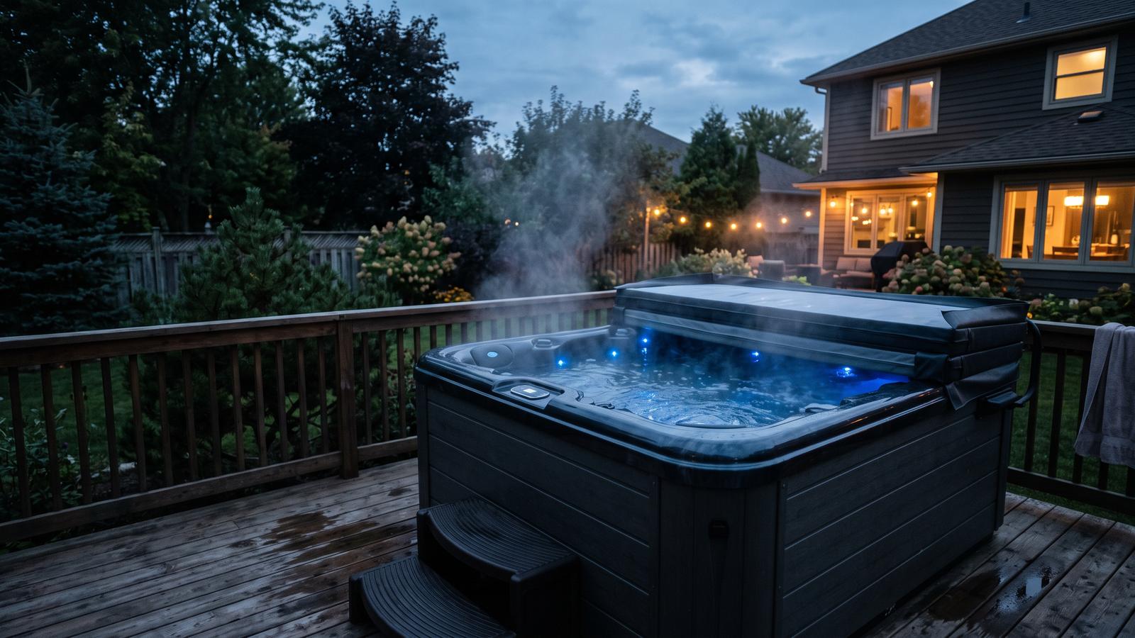 Hot tub calculator: steam rising off a backyard hot tub at dusk